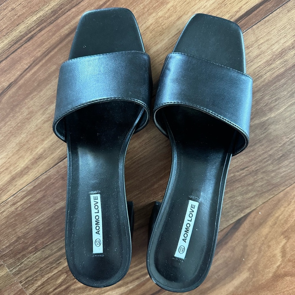 Gently worn low block heel black sandals
